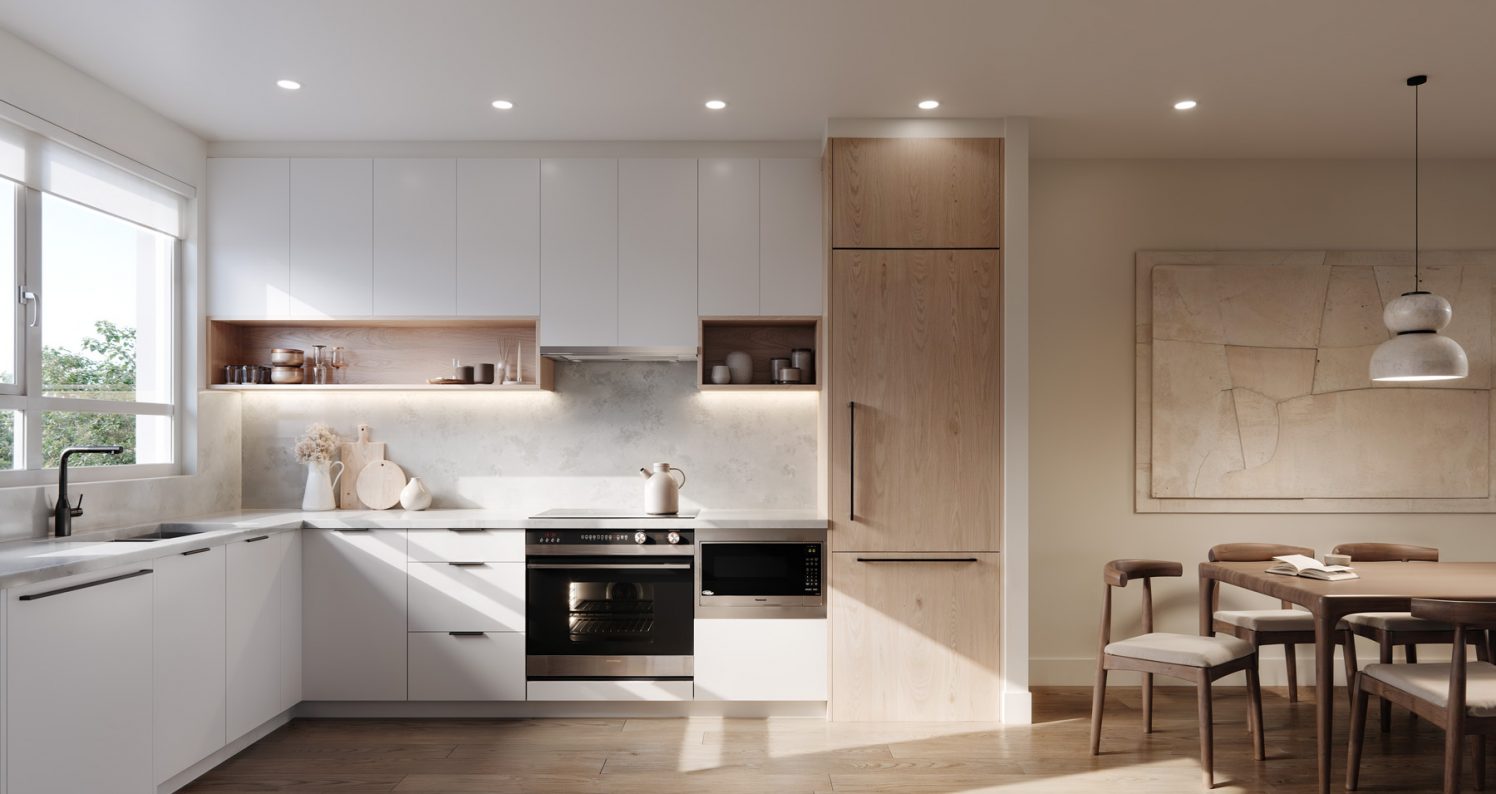 Oaklyn kitchen rendering with pale wood cabinetry and natural light